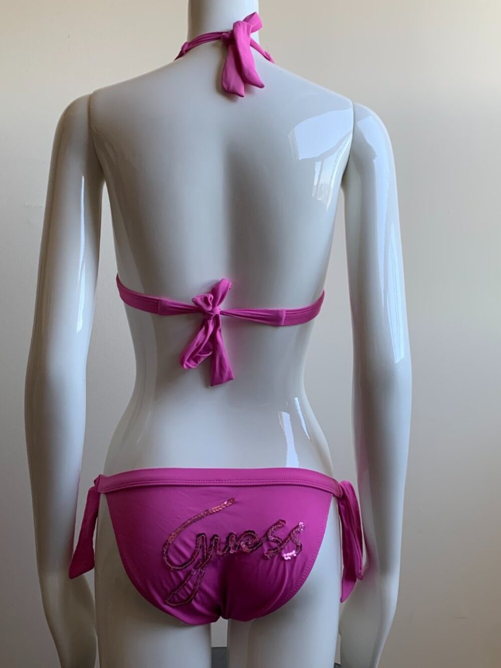 Guess pink sequin logo bottom charm halter bikini